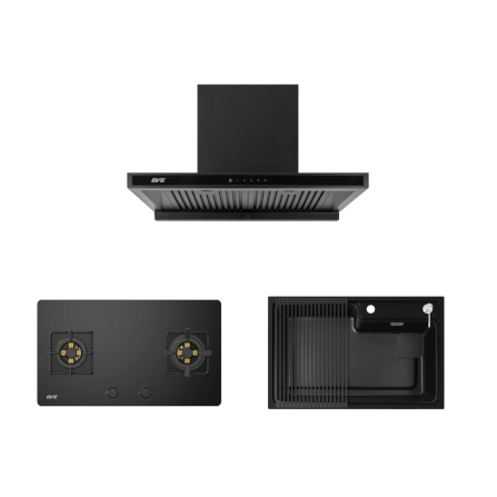ชุดเซ็ทเครื่องดูดควันติดผนัง EVE HC-MAXIMUS-90 ขนาด 90 ซม. + เตาแก๊ส 2 หัว HB78-2BBTA/BG + อ่างล้างจานหินแกรนิต PHILIP 780/520 BLACK สีดำ_0